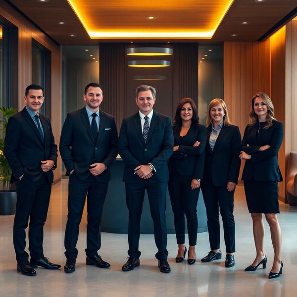 Cinci profesioniști în ținută formală într-o recepție de birou charcoal-gold